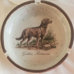 Enesco Vtg Golden Retriever Mallard Duck Speckled Ceramic Ashtray Trinket Bowl